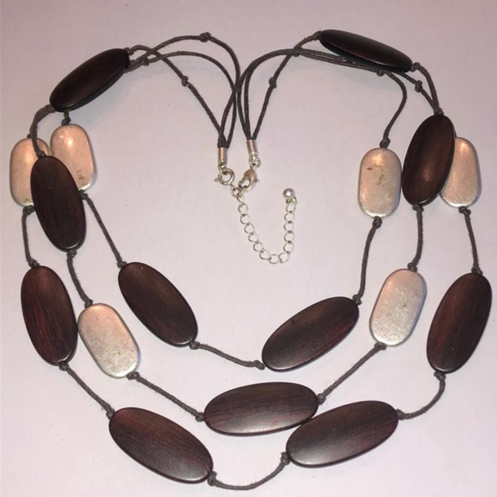 Boho Brown & Silver Tone Wooden Beaded Chunky Retro Necklace